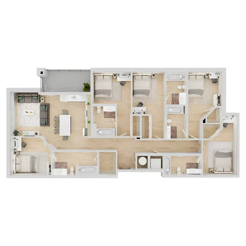 Elegant 3D floor plan displaying a modern apartment layout with four bedrooms, open-concept living and dining area, and a stylish kitchen.