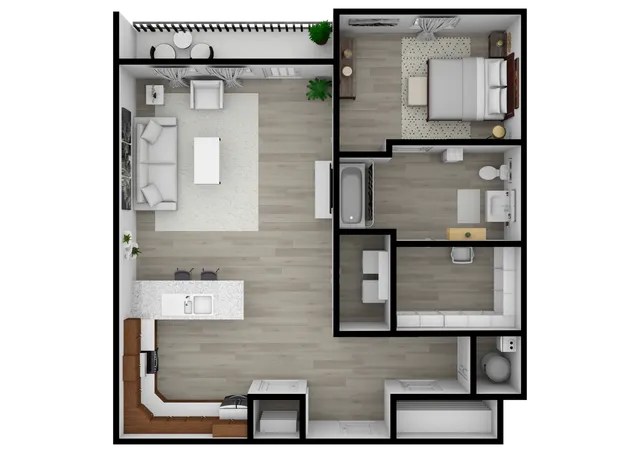 Chic apartment floor plan featuring a spacious bedroom, modern bathroom, open-concept living room, and stylish kitchen with a breakfast bar, complemented by a cozy balcony.