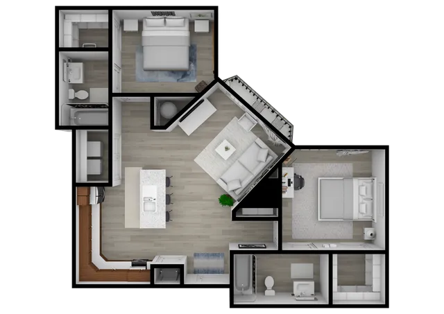 Modern 2D floor plan featuring two spacious bedrooms, an open-concept kitchen, and a cozy living area, perfect for comfortable living.