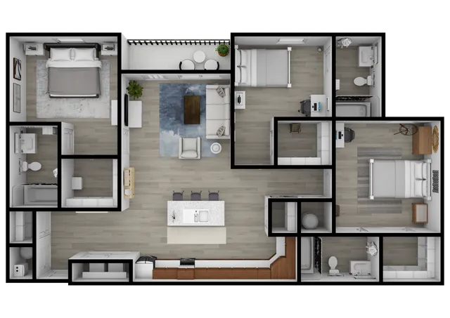 Modern 3-bedroom apartment floor plan with open-concept living area, sleek kitchen, and cozy balcony.