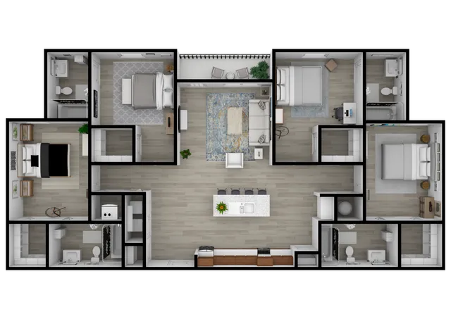 Elegant 3D floor plan showcasing four bedrooms, a central living area, and a modern kitchen with an island. Perfect blend of comfort and style.