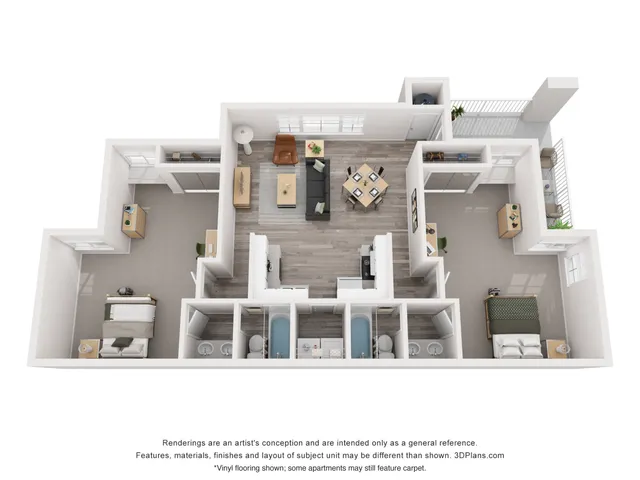 Elegant 3D floor plan showcasing three bedrooms, a bright open-concept living and dining area, modern kitchen, and outdoor balcony.