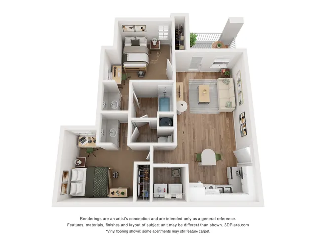 Modern 3D floor plan featuring 2 bedrooms, 2 bathrooms, open-concept living and dining area, and a stylish kitchen with balcony access.