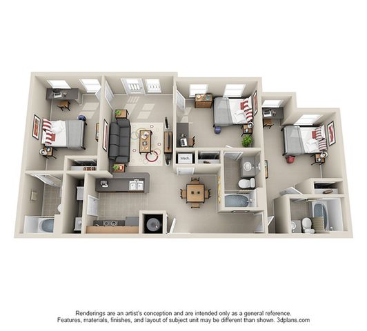 Charming 3D floor plan of a spacious apartment featuring three bedrooms, elegant living room, modern kitchen, and two stylish bathrooms.