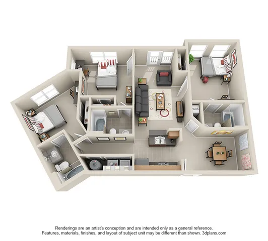 Modern 3D floor plan showcasing 3 bedrooms, a bright open-concept living room, well-equipped kitchen, and stylish dining area. Ideal for family living.
