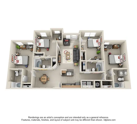 Elegant 3D floor plan showcasing 3 spacious bedrooms, a cozy living room, and a modern kitchen, perfect for comfortable living.