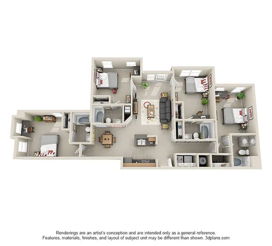 Spacious 3D floor plan showcasing 3 bedrooms, vibrant living area, modern kitchen, and ample bathrooms.