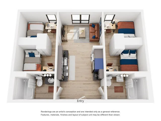 Chic 3D floor plan highlighting two cozy bedrooms, modern kitchen with appliances, stylish living room, and dual elegant bathrooms.