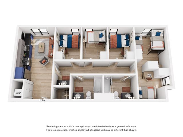 Modern apartment floor plan showcasing 4 bedrooms, open-concept living area, sleek kitchen, and dual bathrooms with a laundry area.