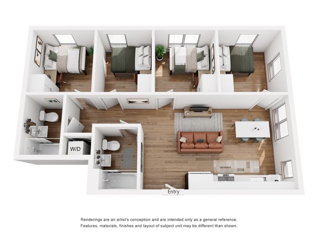 Modern 3D floor plan showcasing 3 cozy bedrooms, a stylish open-concept living room with dining area, and two sleek bathrooms.