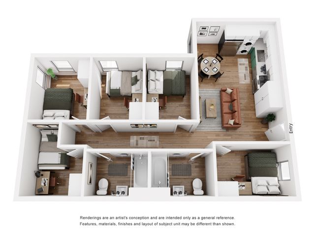 Chic 3D floor plan featuring three spacious bedrooms, an open living and dining area, modern kitchen, and two well-appointed bathrooms.