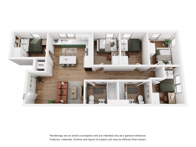 Spacious 3D floor plan featuring 3 cozy bedrooms, open living area, modern kitchen with island dining, and two stylish bathrooms.