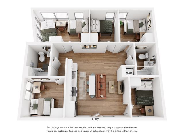 Elegant 3D floor plan featuring three spacious bedrooms, a modern open-concept living area, and a stylish kitchen.