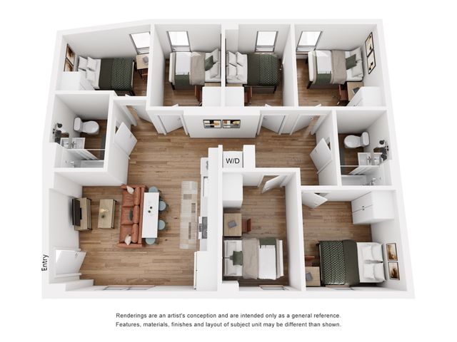 Inviting 3D floor plan showcasing a modern apartment with three cozy bedrooms, an open-plan living and dining area, and two sleek bathrooms.