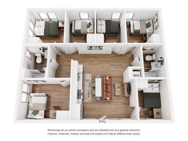 Modern 3D floor plan showcasing a spacious apartment with 3 bedrooms, a cozy open living area, and a well-equipped kitchen, featuring elegant wood flooring throughout.