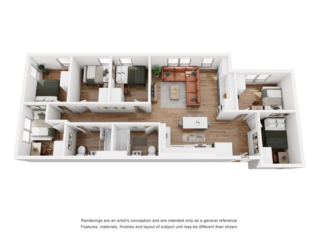 Modern floor plan showcasing three bedrooms, an open living area, sleek kitchen, and inviting spaces for relaxation.