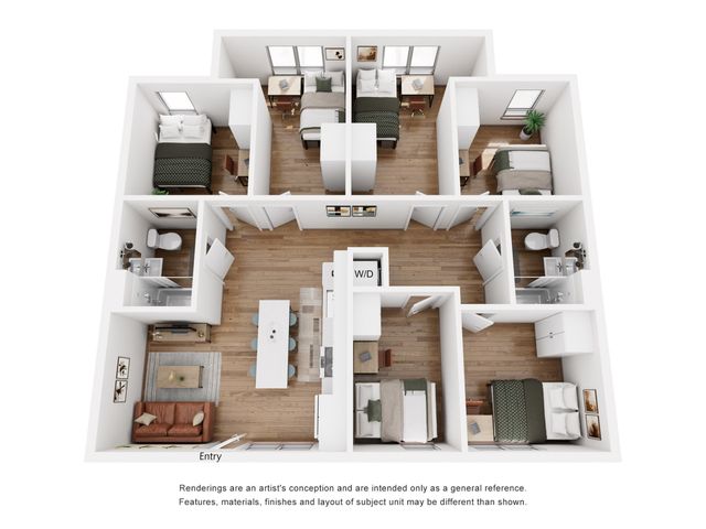 Modern 3D floor plan showcasing a stylish apartment with 3 bedrooms, 2 bathrooms, and an open living area with a kitchen island. Bright, functional spaces designed for comfort and convenience.