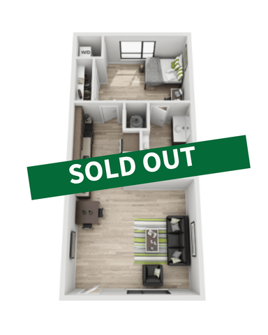 Chic apartment floor plan with one bedroom, modern living area, and compact kitchen, marked as sold out.