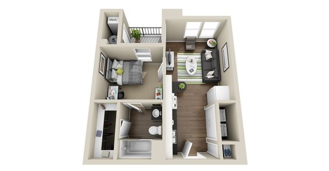 Modern 3D floor plan showcasing a cozy apartment with 1 bedroom, a well-lit living room, and a functional kitchen.