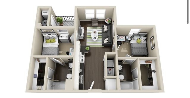 Modern 3D floor plan showcasing 2 spacious bedrooms, elegant living area, sleek kitchen, and balcony access.