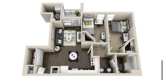 Inviting 3D apartment floor plan showcasing two cozy bedrooms, a modern living area, open-concept kitchen, and private balcony, perfect for contemporary living.