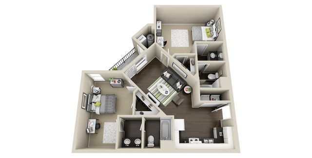 Modern 3D floor plan showcasing a spacious two-bedroom apartment with an open living area, two bathrooms, and a stylish kitchen.