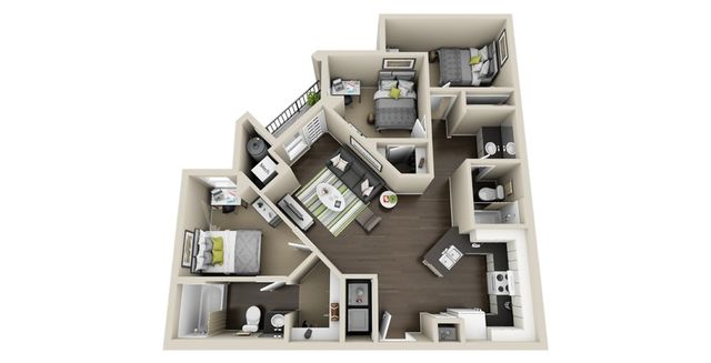 Modern 3D floor plan showcasing 2 bedrooms, 2 bathrooms, a sleek kitchen, and an inviting open-concept living area with balcony access.