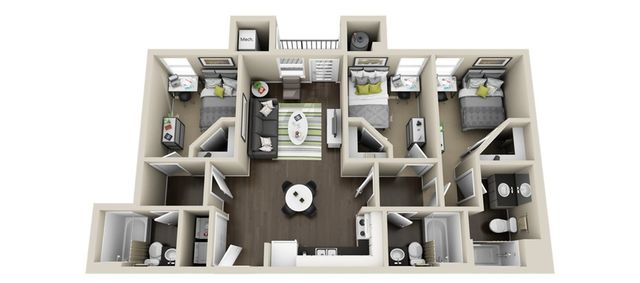 Charming 3D floor plan showcasing 3 cozy bedrooms, a modern living room, and a stylish kitchen with an open dining area.