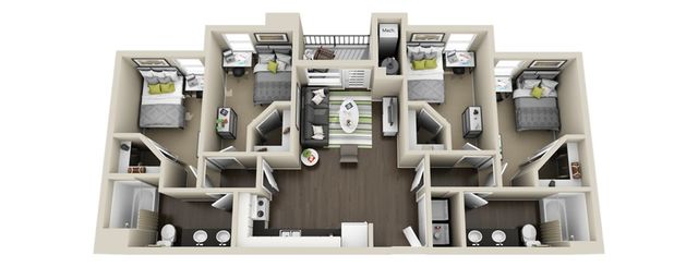 Elegant 3D floor plan showcasing three spacious bedrooms, a central open living area, and a modern kitchen with ample natural light.