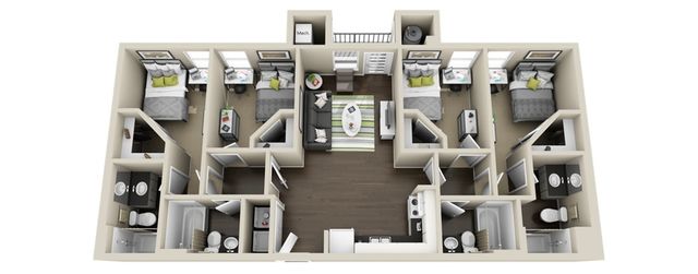 Modern 3D floor plan showcasing 3 bedrooms, a central living area, and two stylish bathrooms with rich hardwood flooring.