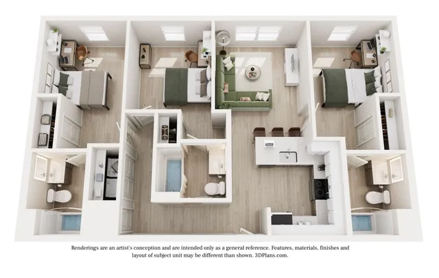 Elegant 3D floor plan showcasing a modern apartment with two spacious bedrooms, cozy living area, stylish kitchen with island, and two bathrooms. Ideal for contemporary living.