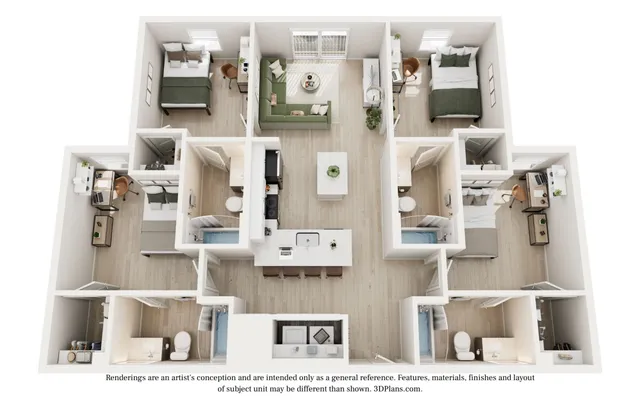 Elegant 3D floor plan showcasing three bedrooms, stylish living space with a large sectional, modern kitchen with an island, and two bathrooms for convenience.