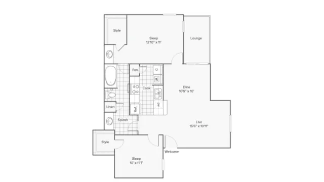 2 BR x 1 BA - A - Income-Restricted (80) Floorplan | ReNew Midland Apartment Homes for Rent in Midland TX 79703