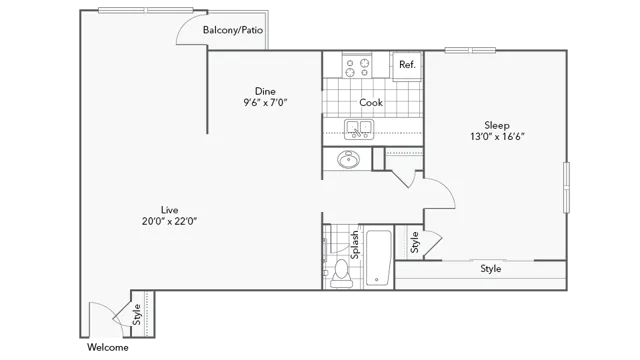 1BR x 1BA with Sunrise View - B Floorplan