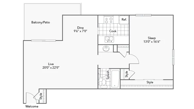 1BR x 1BA with Sunrise View - A Floorplan