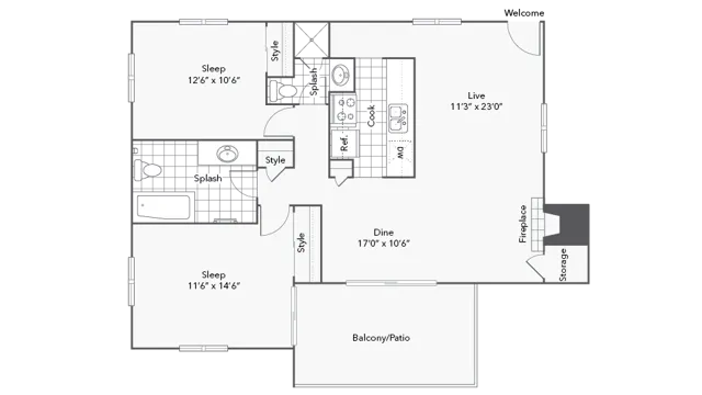 2BR x 2BA with Mountain View Floorplan