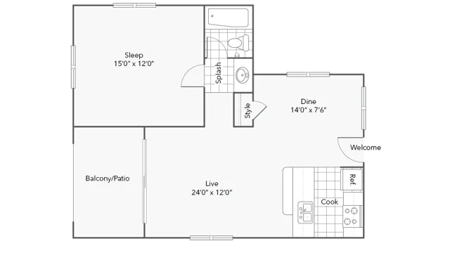 1BR x 1BA with North or South View Floorplan