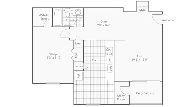Elegant floor plan featuring a spacious bedroom, open living area, and modern kitchen with balcony access.