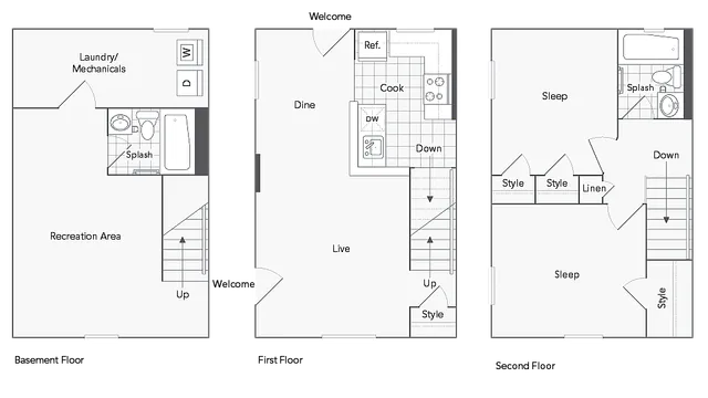 Modern multi-level floor plan showcasing a cozy basement with recreation and laundry area, a stylish first floor with open kitchen and living space, and a second floor featuring two spacious bedrooms and ample storage.