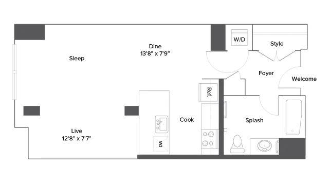 Modern studio apartment floor plan with open living and dining area, spacious kitchen, and sleek bathroom.
