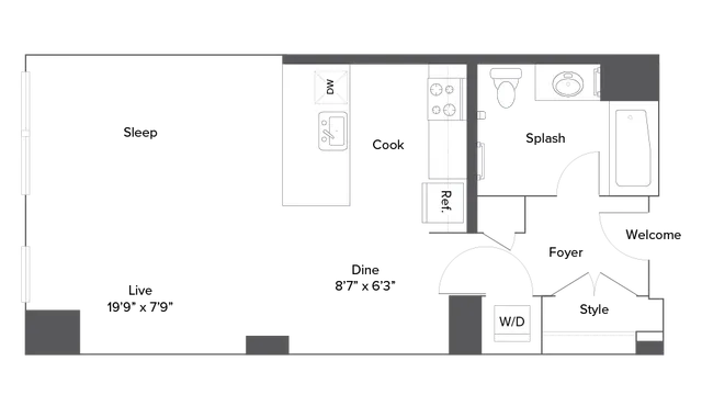 Modern studio apartment floor plan featuring a spacious living area and bedroom labeled \'Live\' and \'Sleep\', an efficient kitchen area marked \'Cook\', and a bathroom labeled \'Splash\'. Includes a stylish entryway marked \'Welcome\' and \'Foyer\', with convenient washer/dryer space.