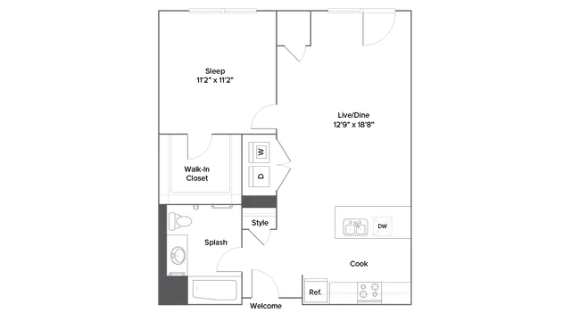 Modern floor plan with an open-concept living and dining area, spacious kitchen, and a cozy bedroom with a walk-in closet.