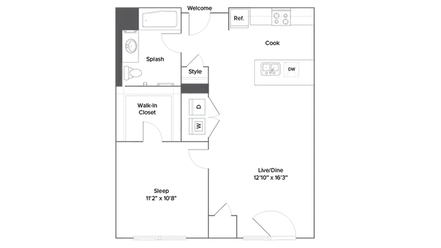 Modern floor plan featuring a spacious living and dining area, one bedroom with walk-in closet, a stylish kitchen, and a well-appointed bathroom.