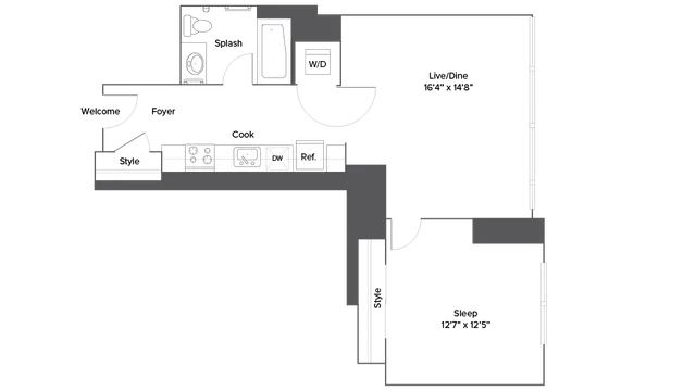 Modern apartment floor plan with 1 bedroom, spacious living/dining area, stylish kitchen, and convenient laundry space.