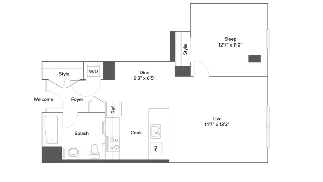 Modern 2D floor plan showcasing a spacious one-bedroom layout with a large living area, stylish kitchen, and cozy dining space.