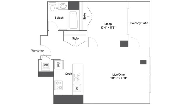 Modern floor plan showcasing a spacious 1-bedroom apartment with stylish living space, cozy balcony, and efficient kitchen layout.