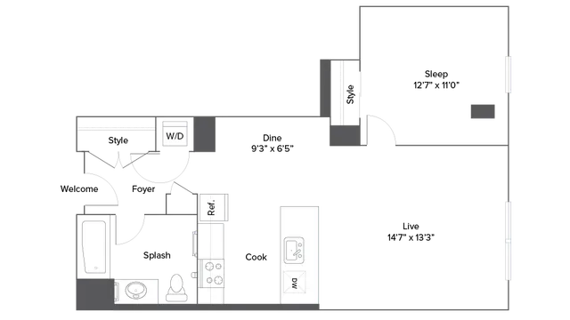Modern 1-bedroom apartment floor plan with spacious living area, efficient kitchen, stylish bath, and convenient dining space.