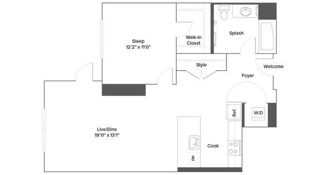 Modern 1-bedroom floor plan with open living/dining area, spacious kitchen, and luxurious bathroom.