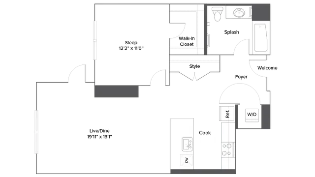 Modern 1-bedroom floor plan featuring an expansive living and dining area, stylish kitchen, and spacious bathroom with walk-in closet.