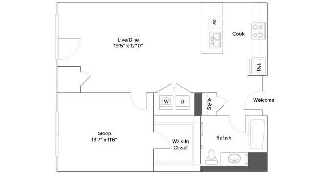 Modern 1-bedroom floor plan featuring an open-concept living/dining area, kitchen with appliances, and a luxurious bath. Includes a walk-in closet and in-unit laundry.